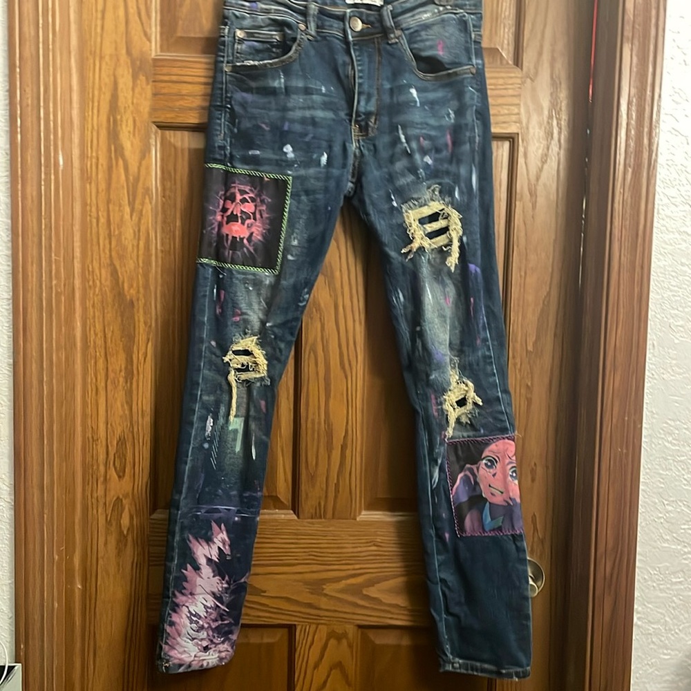 Sugarhill Jeans Mens 30 Blue Distressed Ripped Grunge Patches Raw Hem